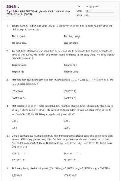 Top 10 đề thi thử THPT Quốc gia môn Vật Lí mới nhất năm 2021 có đáp án (Đề 24)