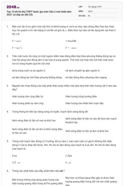 Top 10 đề thi thử THPT Quốc gia môn Vật Lí mới nhất năm 2021 có đáp án (Đề 25)