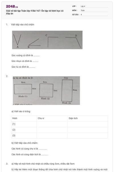 Giải vở bài tập Toán lớp 4 Bài 167: Ôn tập về hình học có đáp án