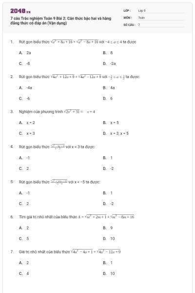 7 câu Trắc nghiệm Toán 9 Bài 2: Căn thức bậc hai và hằng đẳng thức có đáp án (Vận dụng)