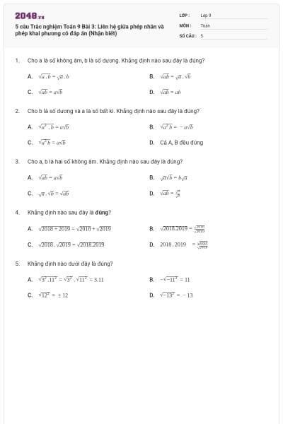 5 câu Trắc nghiệm Toán 9 Bài 3: Liên hệ giữa phép nhân và phép khai phương có đáp án (Nhận biết)