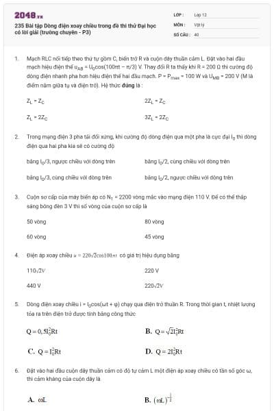 235 Bài tập Dòng điện xoay chiều trong đề thi thử Đại học có lời giải (trường chuyên - P3)