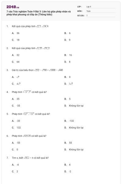 7 câu Trắc nghiệm Toán 9 Bài 3: Liên hệ giữa phép nhân và phép khai phương có đáp án (Thông hiểu)