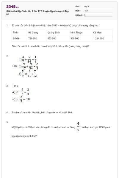 Giải vở bài tập Toán lớp 4 Bài 172: Luyện tập chung có đáp án