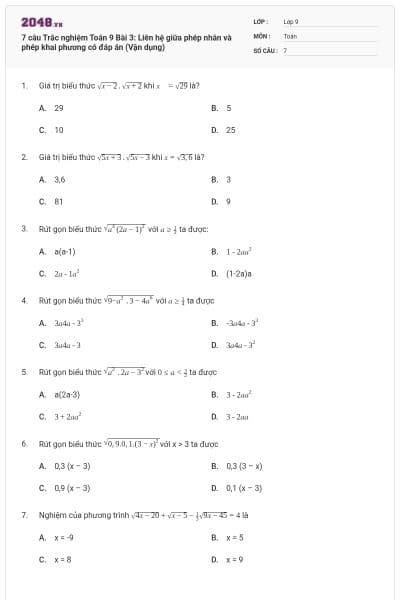 7 câu Trắc nghiệm Toán 9 Bài 3: Liên hệ giữa phép nhân và phép khai phương có đáp án (Vận dụng)