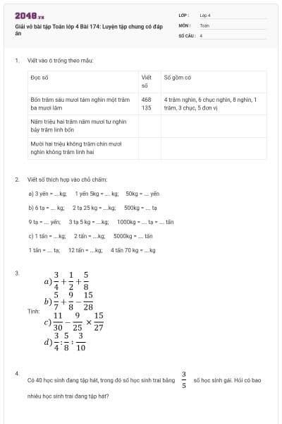 Giải vở bài tập Toán lớp 4 Bài 174: Luyện tập chung có đáp án