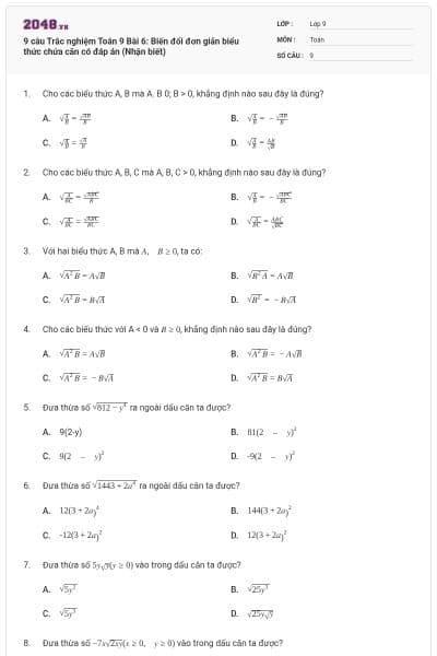 9 câu Trắc nghiệm Toán 9 Bài 6: Biến đổi đơn giản biểu thức chứa căn có đáp án (Nhận biết)