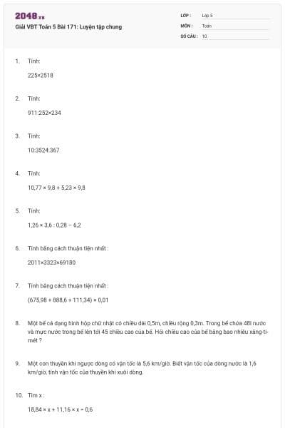 Giải VBT Toán 5 Bài 171: Luyện tập chung