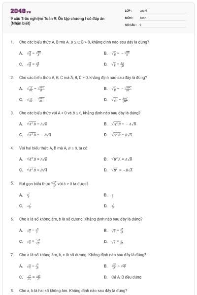 9 câu Trắc nghiệm Toán 9: Ôn tập chương I có đáp án (Nhận biết)