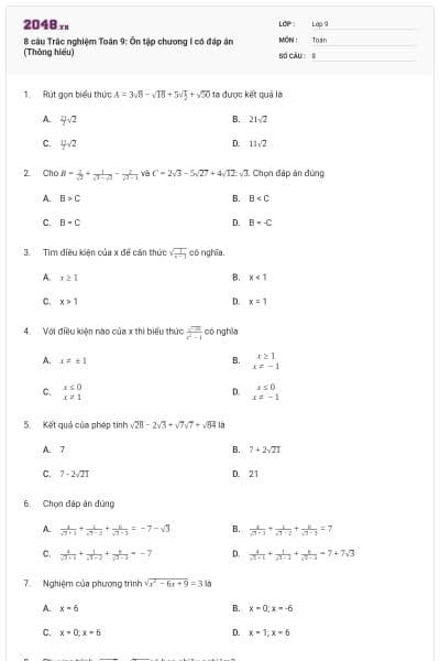 8 câu Trắc nghiệm Toán 9: Ôn tập chương I có đáp án (Thông hiểu)