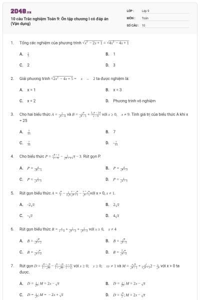 10 câu Trắc nghiệm Toán 9: Ôn tập chương I có đáp án (Vận dụng)