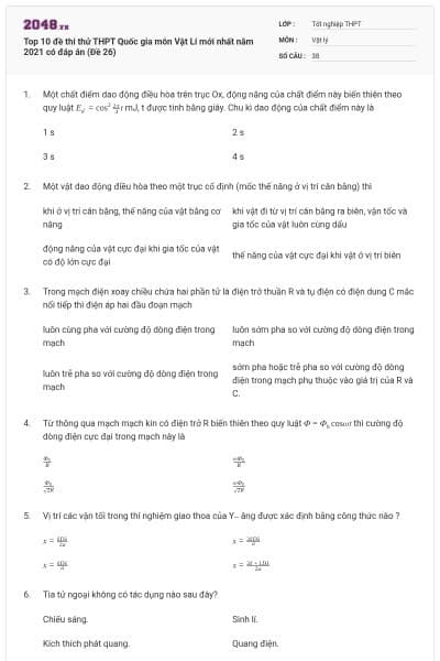 Top 10 đề thi thử THPT Quốc gia môn Vật Lí mới nhất năm 2021 có đáp án (Đề 26)