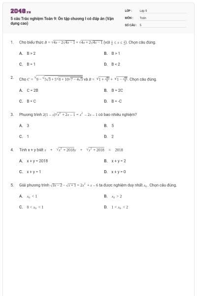 5 câu Trắc nghiệm Toán 9: Ôn tập chương I có đáp án (Vận dụng cao)