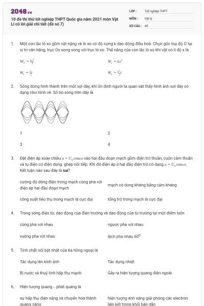 10 đề thi thử tốt nghiệp THPT Quốc gia năm 2021 môn Vật Lí có lời giải chi tiết (đề số 7)