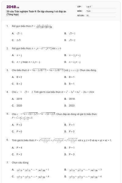 20 câu Trắc nghiệm Toán 9: Ôn tập chương I có đáp án (Tổng hợp)