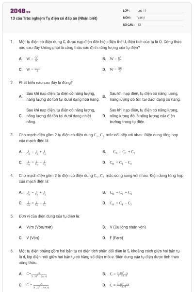 13 câu Trắc nghiệm Tụ điện có đáp án (Nhận biết)