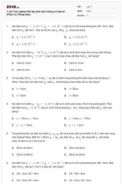 7 câu Trắc nghiệm Bài tập định luật Culông có đáp án (Phần 2) (Thông hiểu)