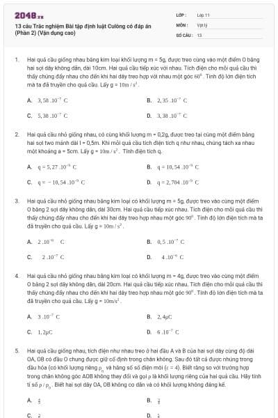 13 câu Trắc nghiệm Bài tập định luật Culông có đáp án (Phần 2) (Vận dụng cao)