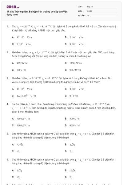 18 câu Trắc nghiệm Bài tập điện trường có đáp án (Vận dụng cao)
