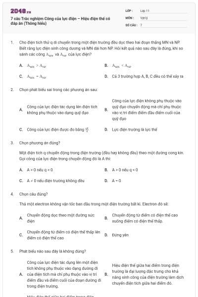 7 câu Trắc nghiệm Công của lực điện – Hiệu điện thế có đáp án (Thông hiểu)