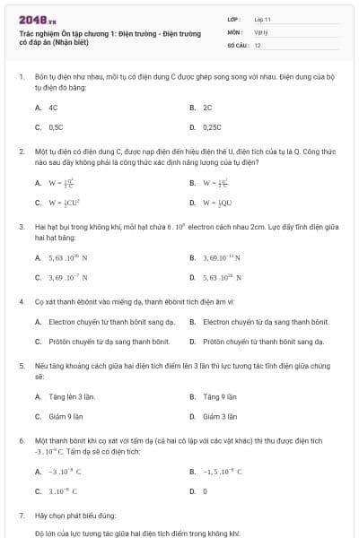 Trắc nghiệm Ôn tập chương 1: Điện trường - Điện trường có đáp án (Nhận biết)
