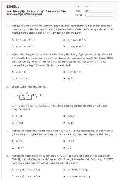 6 câu Trắc nghiệm Ôn tập chương 1: Điện trường - Điện trường có đáp án (Vận dụng cao)