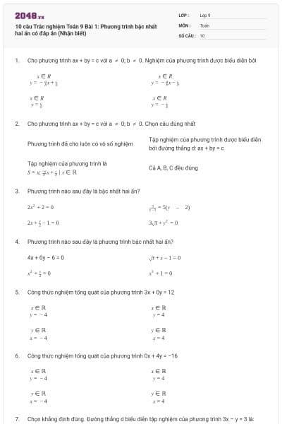 10 câu Trắc nghiệm Toán 9 Bài 1: Phương trình bậc nhất hai ẩn có đáp án (Nhận biết)