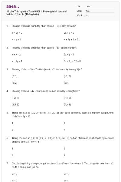 11 câu Trắc nghiệm Toán 9 Bài 1: Phương trình bậc nhất hai ẩn có đáp án (Thông hiểu)