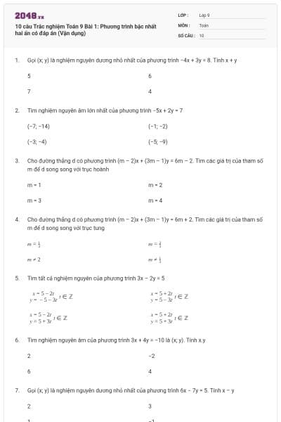 10 câu Trắc nghiệm Toán 9 Bài 1: Phương trình bậc nhất hai ẩn có đáp án (Vận dụng)