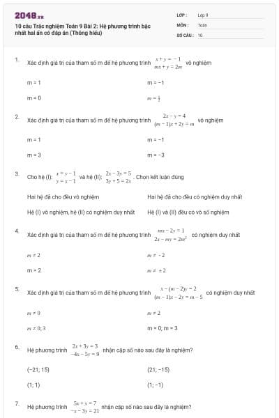 10 câu Trắc nghiệm Toán 9 Bài 2: Hệ phương trình bậc nhất hai ẩn có đáp án (Thông hiểu)