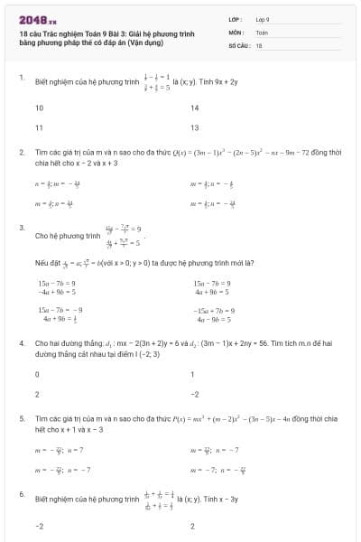 18 câu Trắc nghiệm Toán 9 Bài 3: Giải hệ phương trình bằng phương pháp thế có đáp án (Vận dụng)