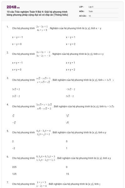 10 câu Trắc nghiệm Toán 9 Bài 4: Giải hệ phương trình bằng phương pháp cộng đại số có đáp án (Thông hiểu)