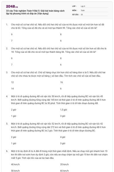 33 câu Trắc nghiệm Toán 9 Bài 5: Giải bài toán bằng cách lập hệ phương trình có đáp án (Vận dụng)