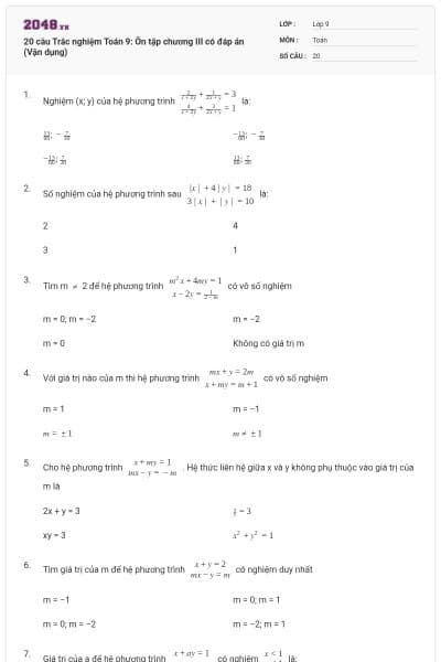 20 câu Trắc nghiệm Toán 9: Ôn tập chương III có đáp án (Vận dụng)