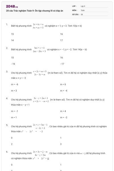 28 câu Trắc nghiệm Toán 9: Ôn tập chương III có đáp án