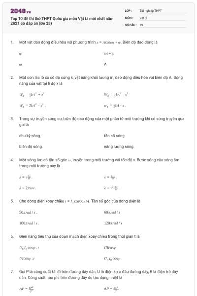 Top 10 đề thi thử THPT Quốc gia môn Vật Lí mới nhất năm 2021 có đáp án (Đề 28)