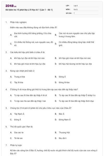 Đề kiểm tra 15 phút Địa Lí 8 Học kì 1 (Lần 1 - Đề 1)
