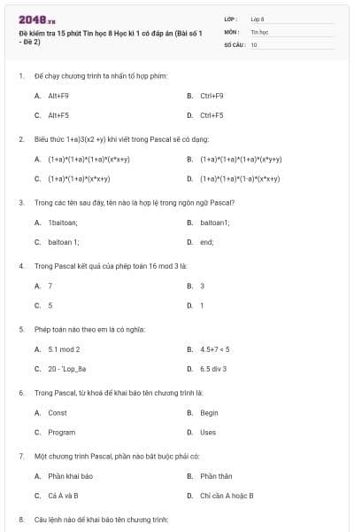 Đề kiểm tra 15 phút Tin học 8 Học kì 1 có đáp án (Bài số 1 - Đề 2)