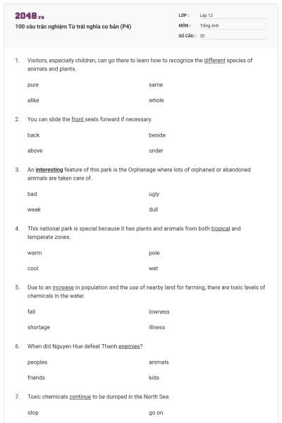 100 câu trắc nghiệm Từ trái nghĩa cơ bản (P4)