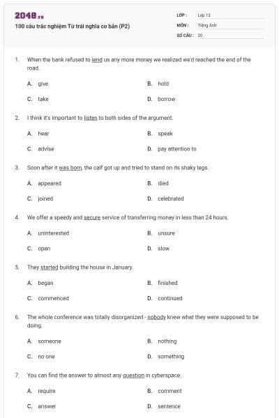 100 câu trắc nghiệm Từ trái nghĩa cơ bản (P2)