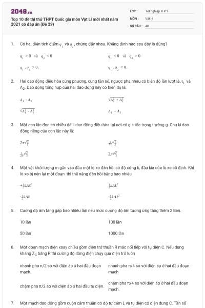 Top 10 đề thi thử THPT Quốc gia môn Vật Lí mới nhất năm 2021 có đáp án (Đề 29)