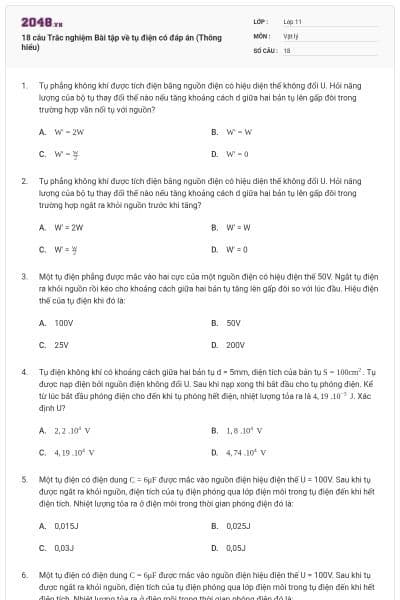 18 câu Trắc nghiệm Bài tập về tụ điện có đáp án (Thông hiểu)