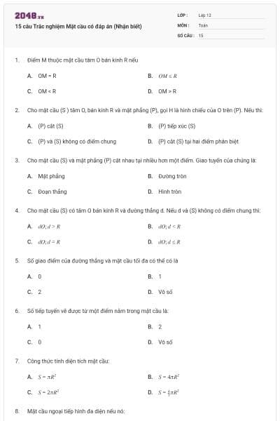 15 câu Trắc nghiệm Mặt cầu có đáp án (Nhận biết)