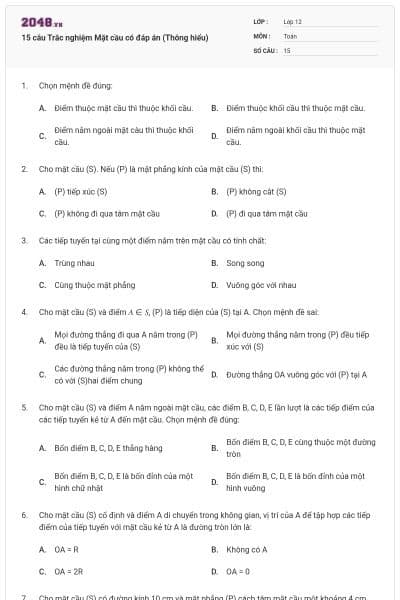 15 câu Trắc nghiệm Mặt cầu có đáp án (Thông hiểu)