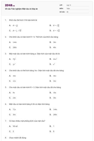 20 câu Trắc nghiệm Mặt cầu có đáp án