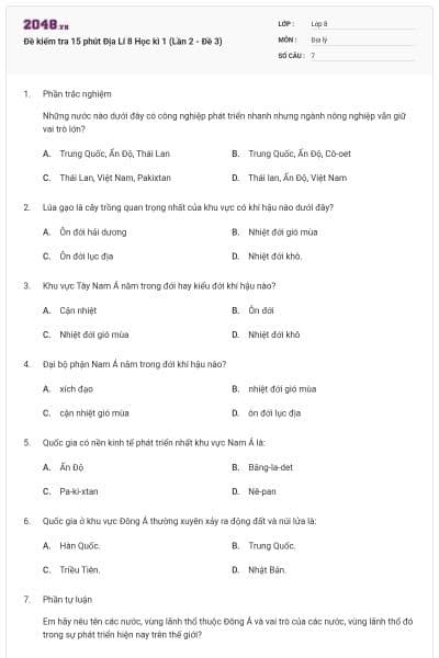 Đề kiểm tra 15 phút Địa Lí 8 Học kì 1 (Lần 2 - Đề 3)