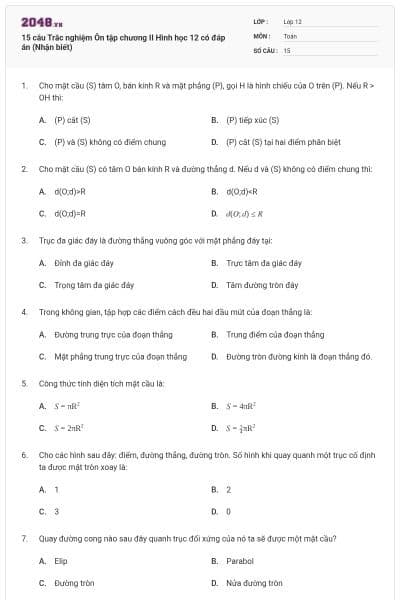 15 câu Trắc nghiệm Ôn tập chương II Hình học 12 có đáp án (Nhận biết)