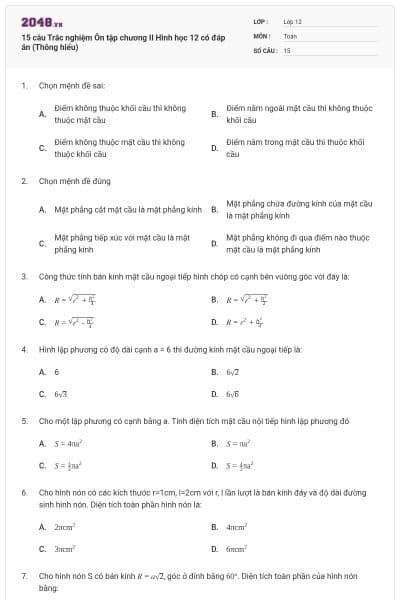 15 câu Trắc nghiệm Ôn tập chương II Hình học 12 có đáp án (Thông hiểu)