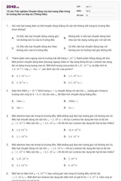 10 câu Trắc nghiệm Chuyển động của hạt mang điện trong từ trường đều có đáp án (Thông hiểu)