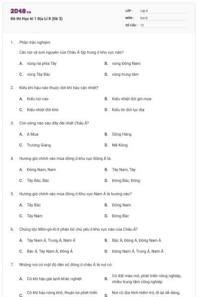 Đề thi Học kì 1 Địa Lí 8 (Đề 3)